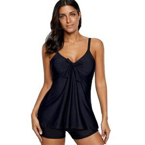 NEW Tankini Solid Black Tie Front Swimsuit Set Women's M